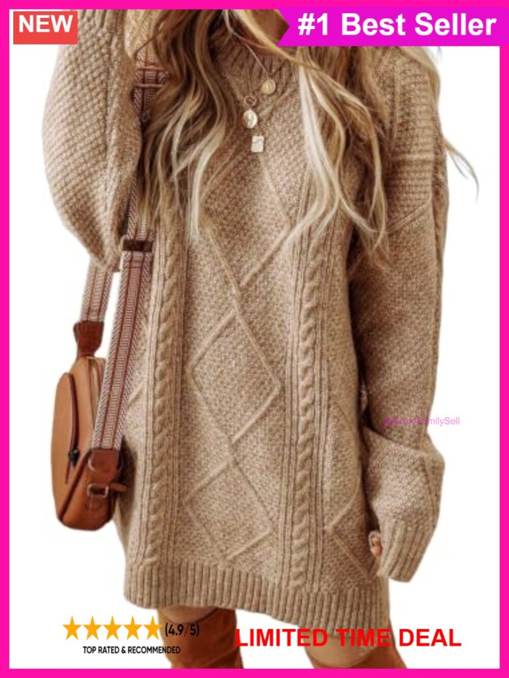 Cable Knit Sweater Dress Oversized Long Sleeve Crewneck Mini Pullover